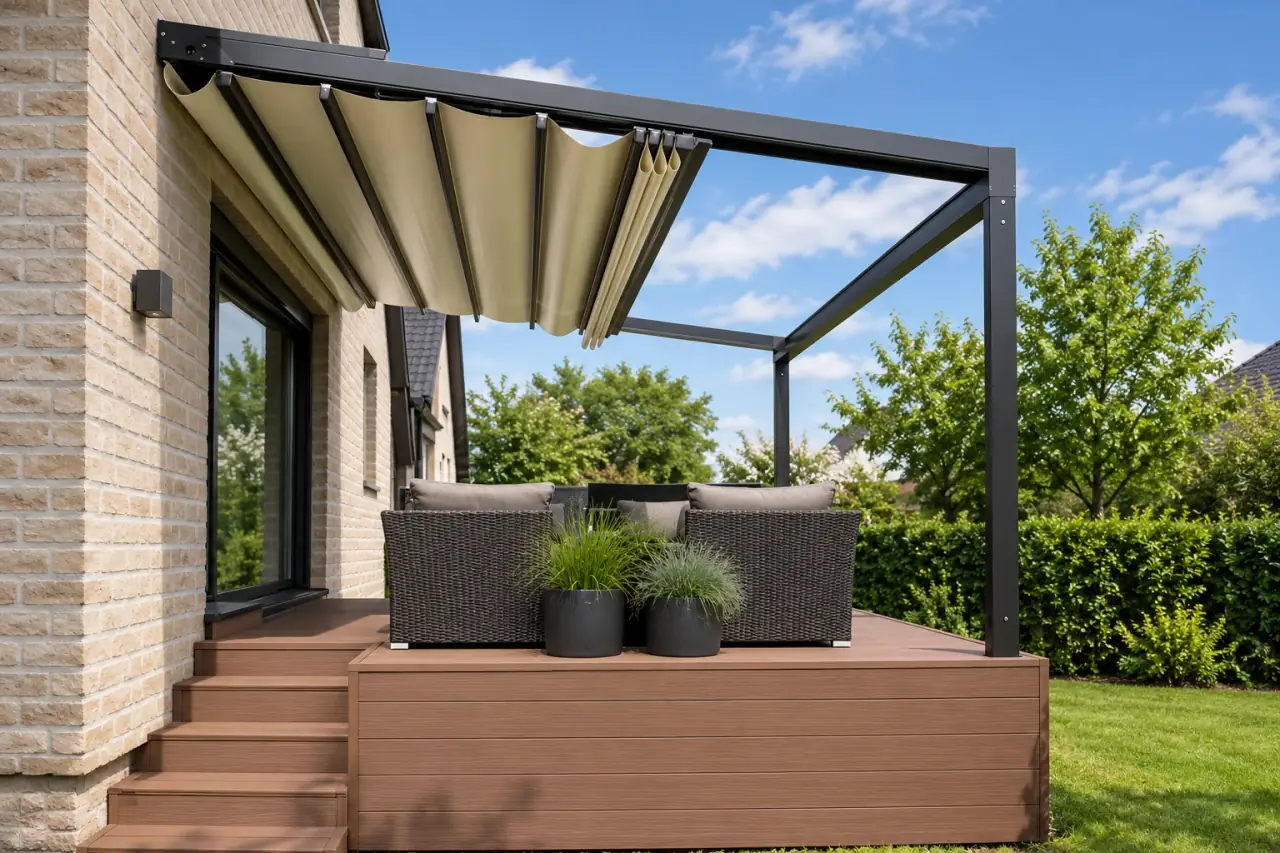 Partly retracted terrace canopy